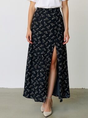Casual Corner Black Floral Maxi Skirt with Side Slit